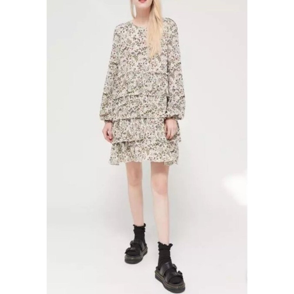 Urban Outfitters Women's Small Rachele Tiered Ruffle Floral Dress Creme NWT $69